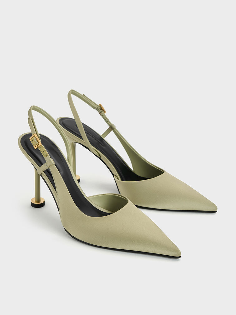 Recycled Polyester Pointed-Toe Sculptural-Heel Slingback Pumps, Green, hi-res
