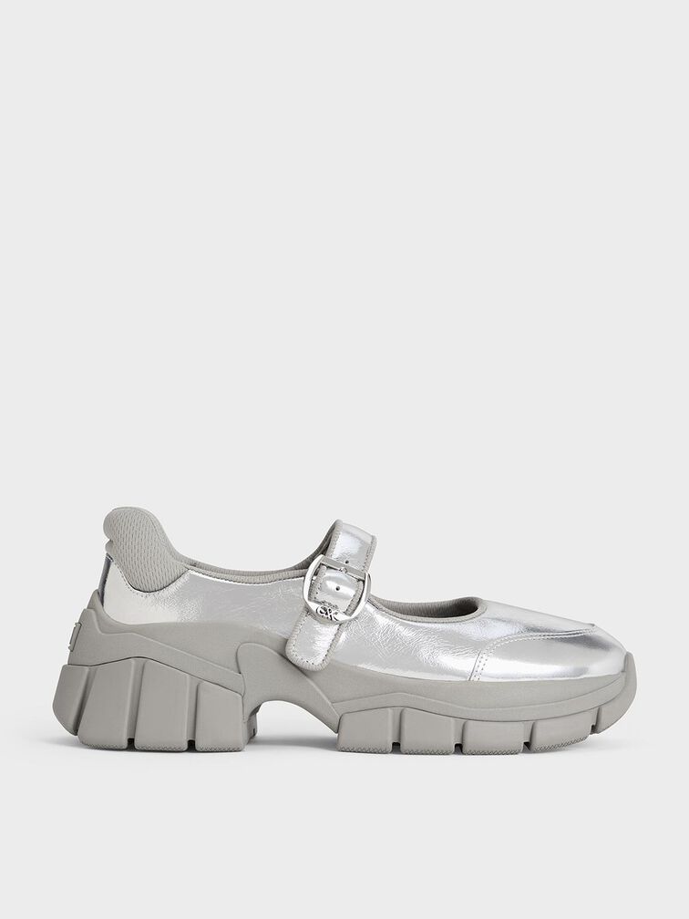 Yunna Metallic Leather & Recycled Fabric Mary Jane Sneakers, Silver, hi-res