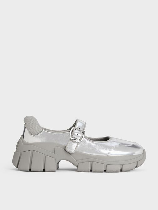 Yunna Metallic Leather & Recycled Fabric Mary Jane Sneakers, Silver, hi-res