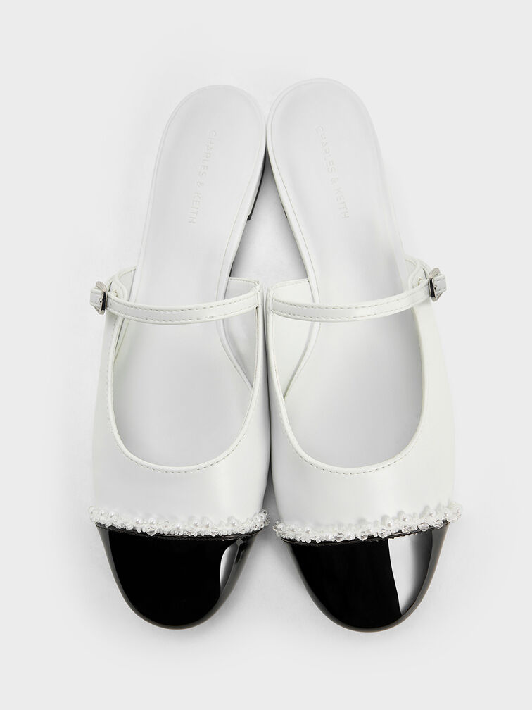 Pearl-Embellished Cap-Toe Flat Mules, White, hi-res