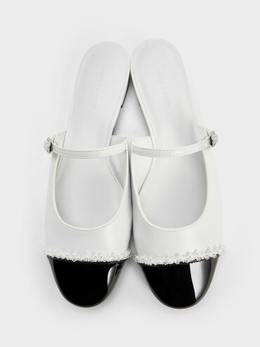 Pearl-Embellished Cap-Toe Flat Mules, White, hi-res