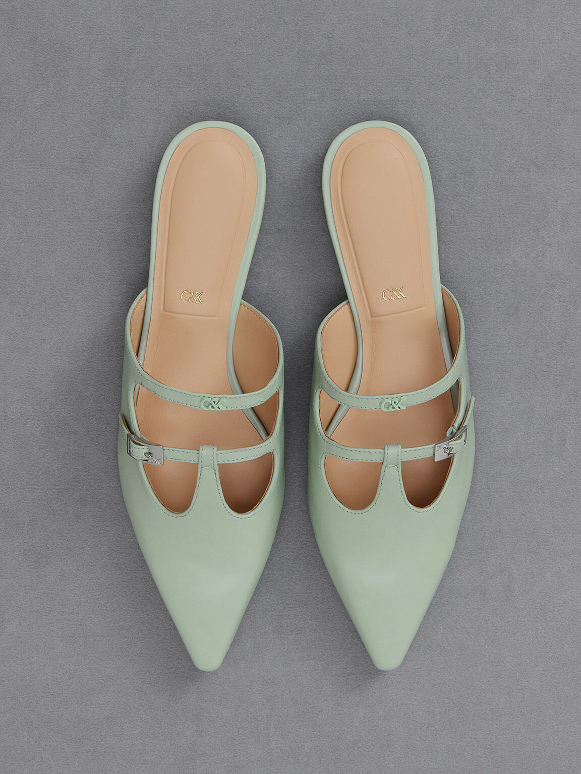 Leather T Bar Double Strap Mules Mint Green