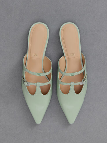 Mint Green Leather T-Bar Double-Strap Mules - CHARLES & KEITH UK