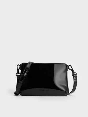 Patent Chain-Handle Shoulder Bag, Jet Black, hi-res