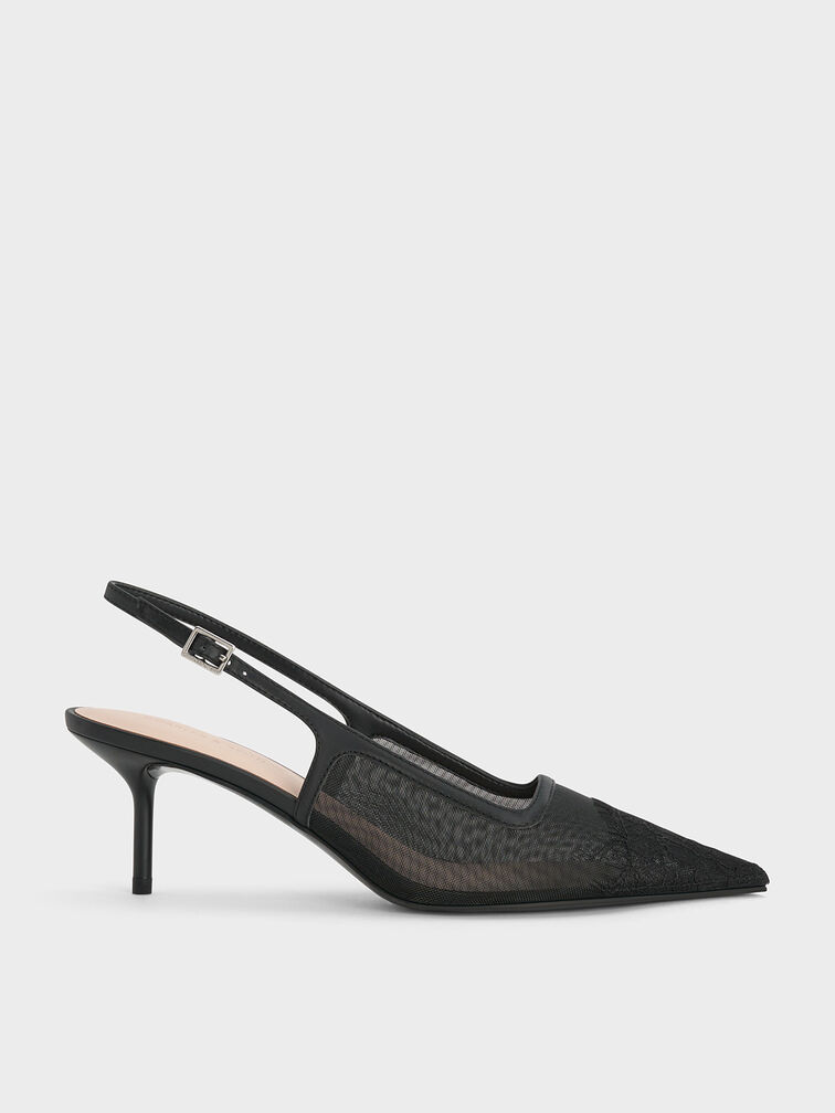 Mesh & Lace Pointed-Toe Slingback Pumps, Black Textured, hi-res