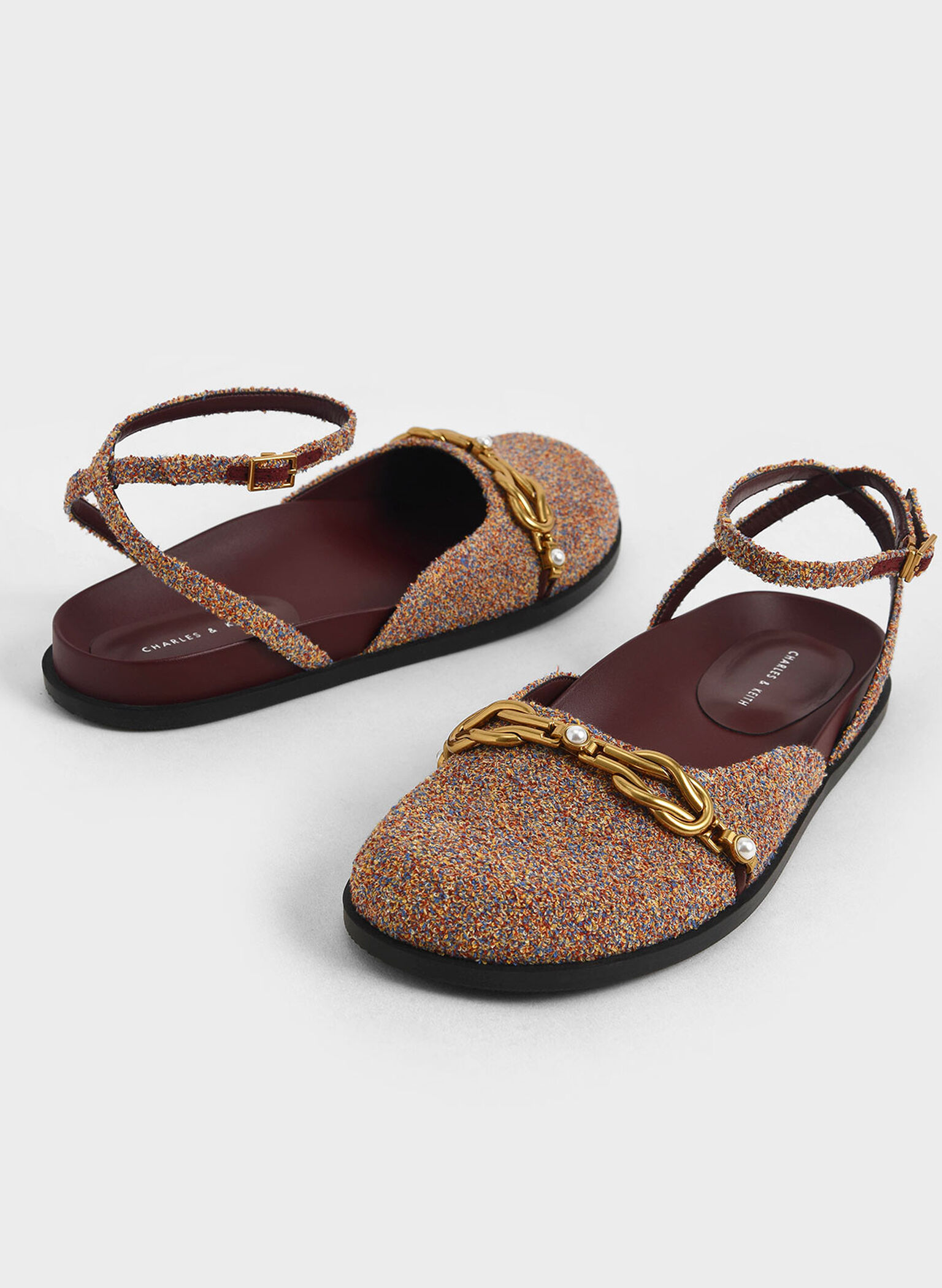 Terry Cloth Beaded Chain-Link Ankle Strap Flats, Red, hi-res