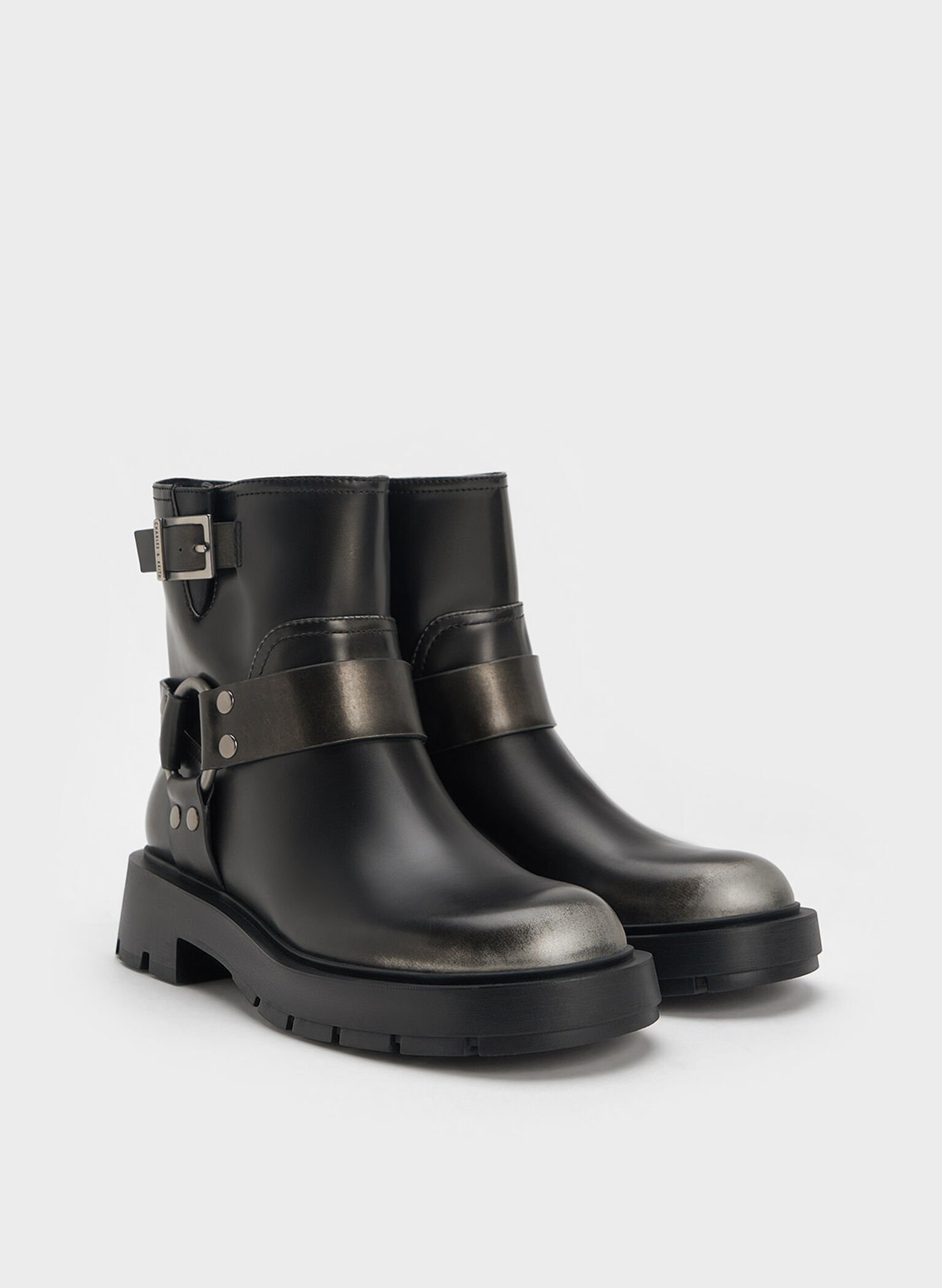 Metallic Buckled Ankle Boots, Silver, hi-res