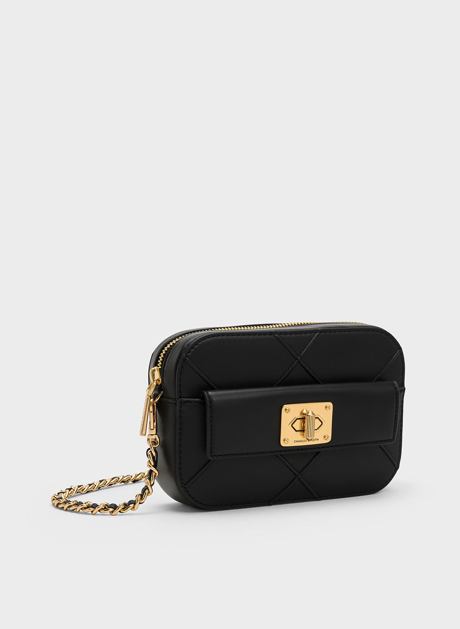 Eleni Quilted Zip Crossbody Bag, Black, hi-res