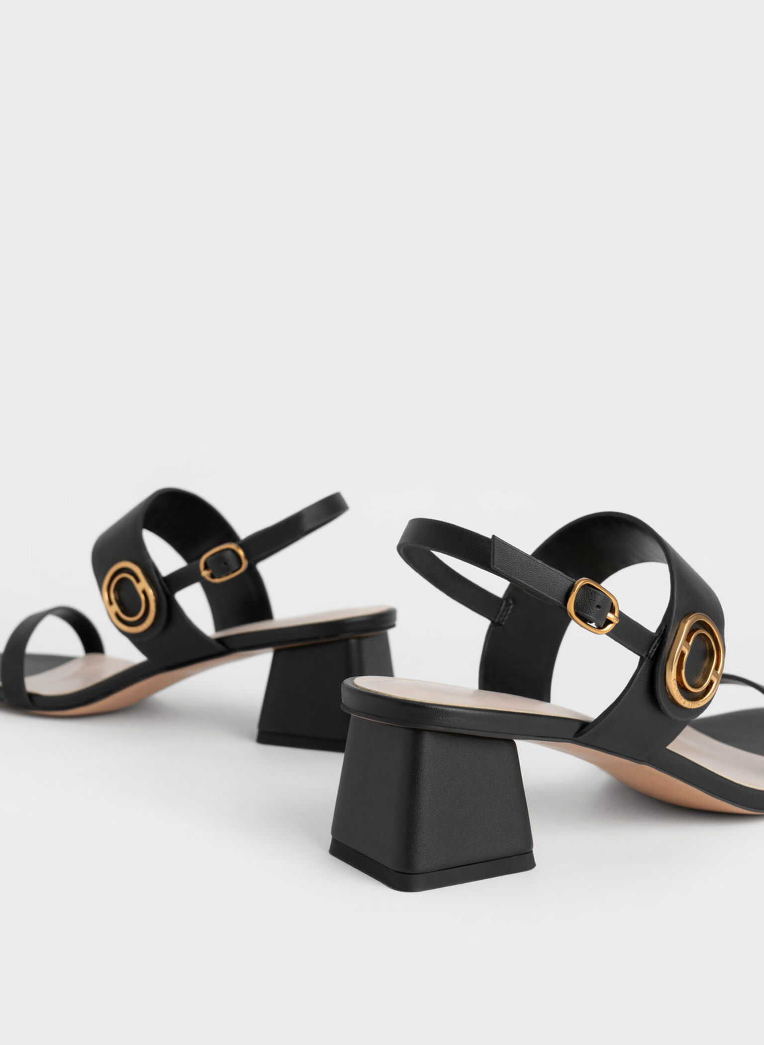 Metallic Accent Trapeze Heel Sandals, Black, hi-res