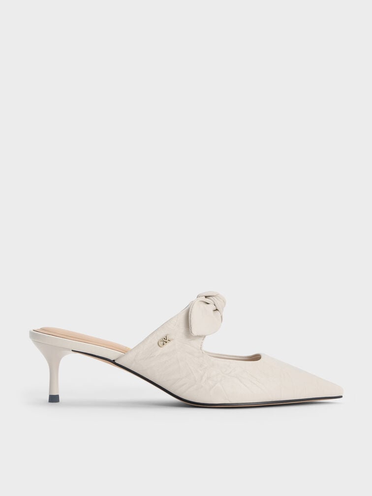 Jayce Crinkle-Effect Leather Knot-Bow Kitten-Heel Mules, White, hi-res