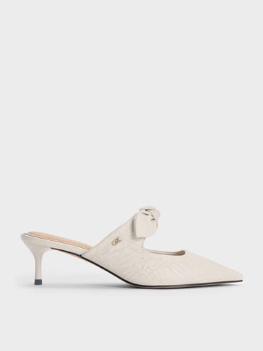 Jayce Crinkle-Effect Leather Knot-Bow Kitten-Heel Mules, White, hi-res