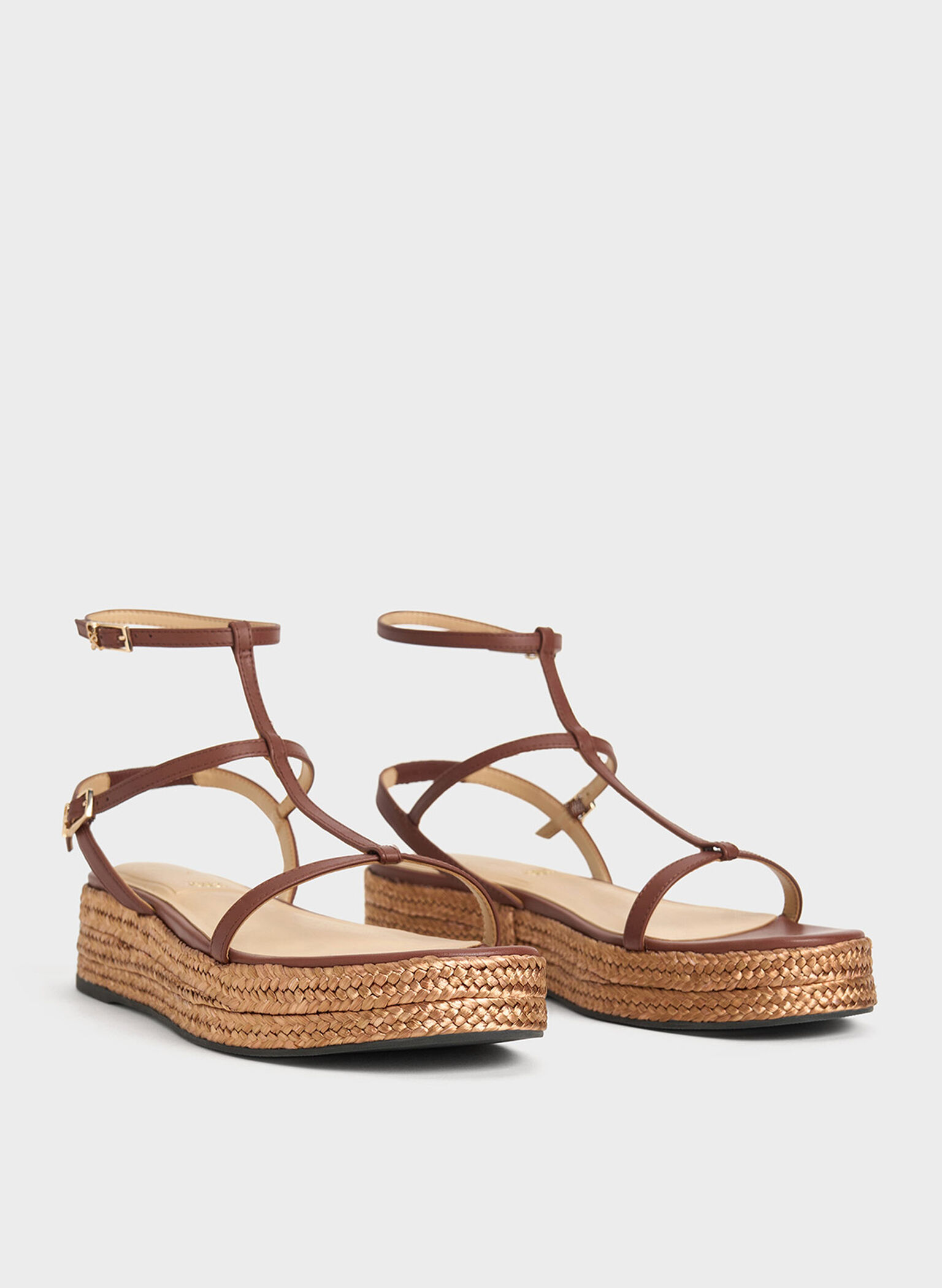 Leather T-Bar Espadrille Sandals, Brown, hi-res