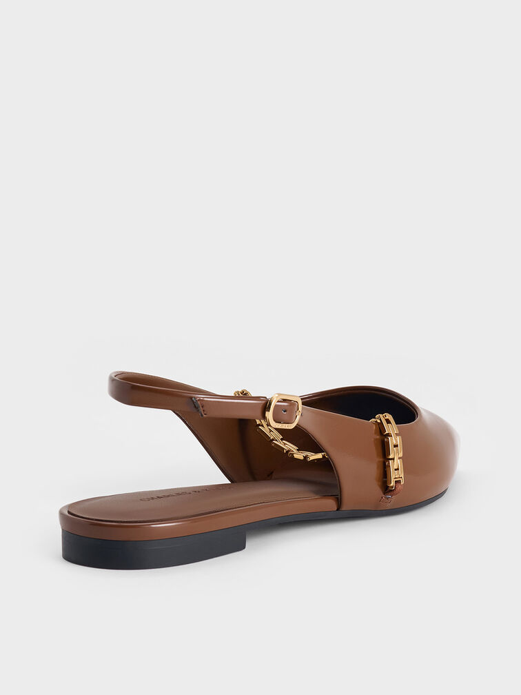 Chain-Strap Pointed-Toe Slingback Flats, Brown, hi-res
