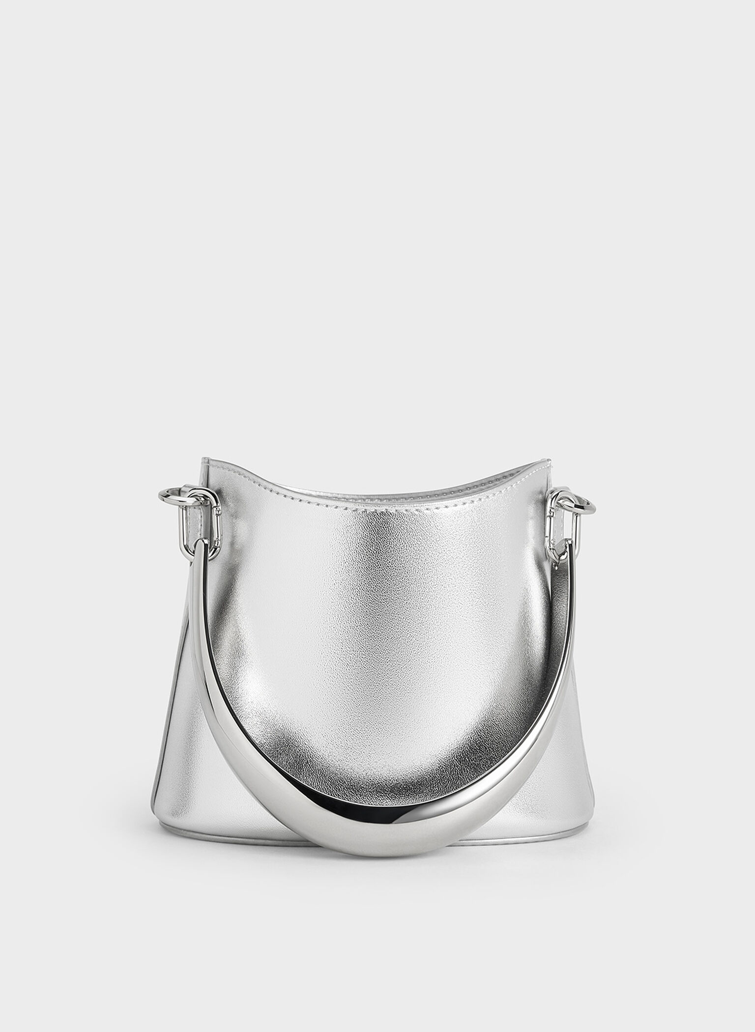Metallic Ruched-Flap Drawstring Bucket Bag, Silver, hi-res