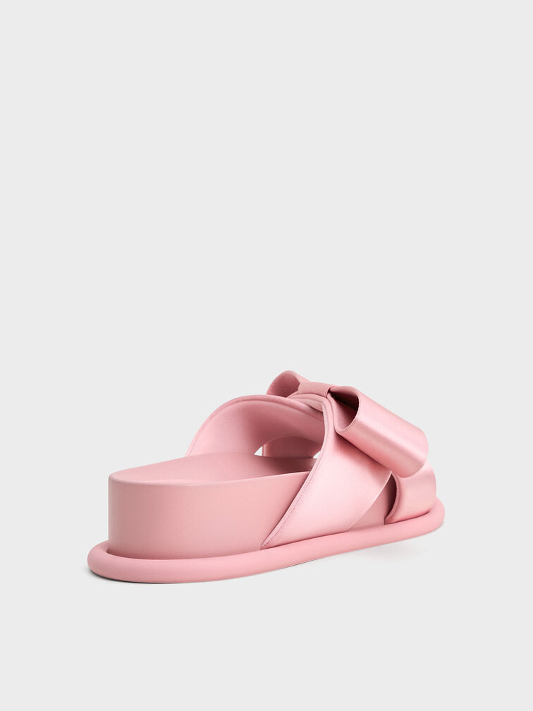 Satin Bow Flatform Sandals, Pink, hi-res