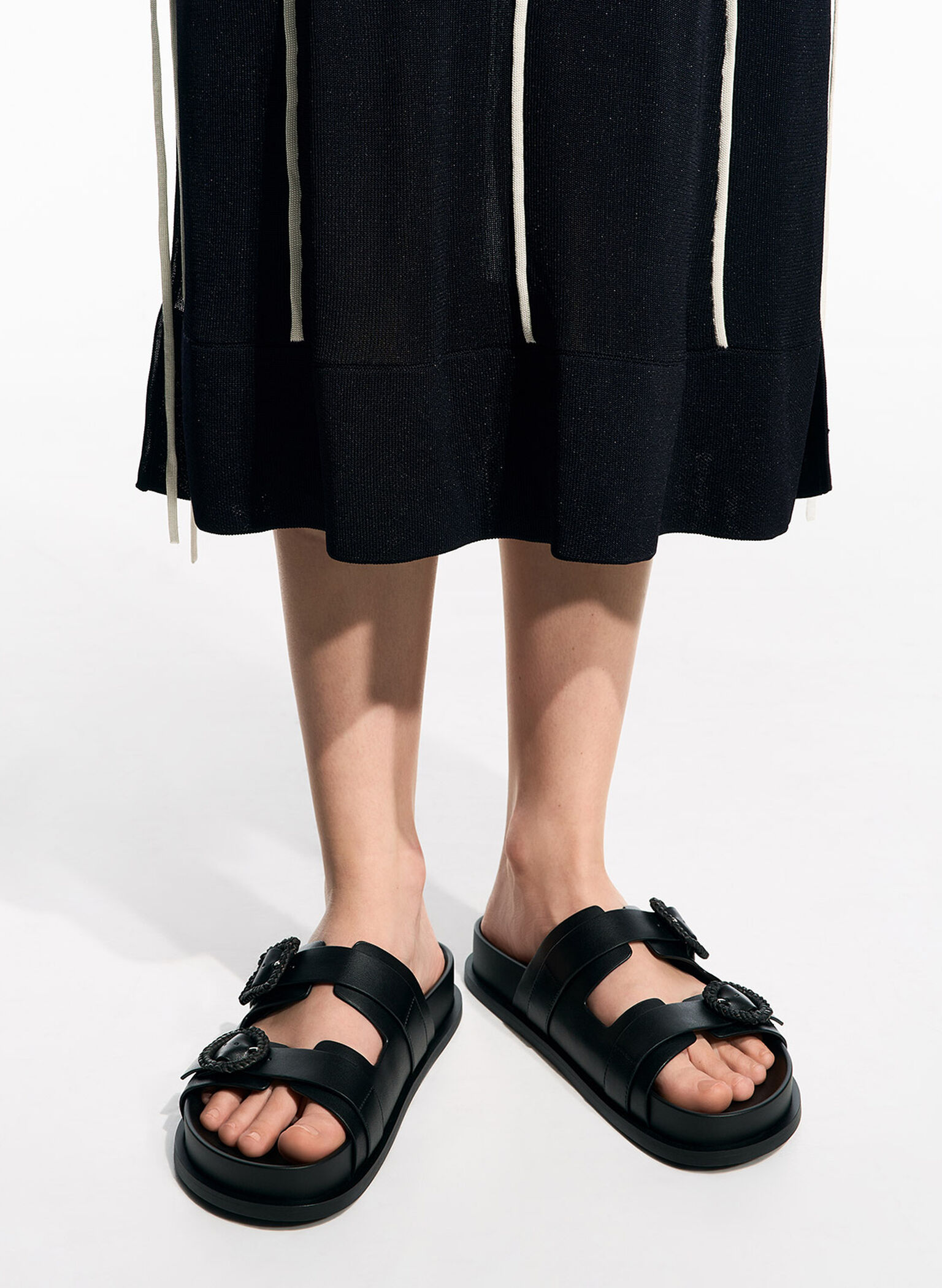 Woven-Buckle Double-Strap Sandals, Black, hi-res