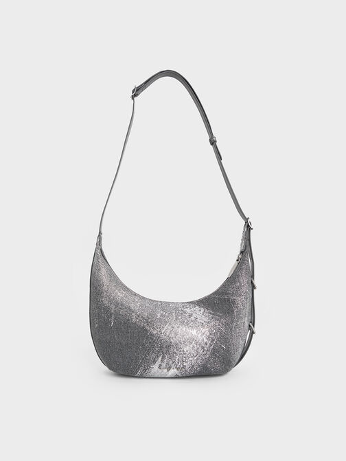 Bryna Denim Curved Hobo Bag, Silver Brushed Denim, hi-res