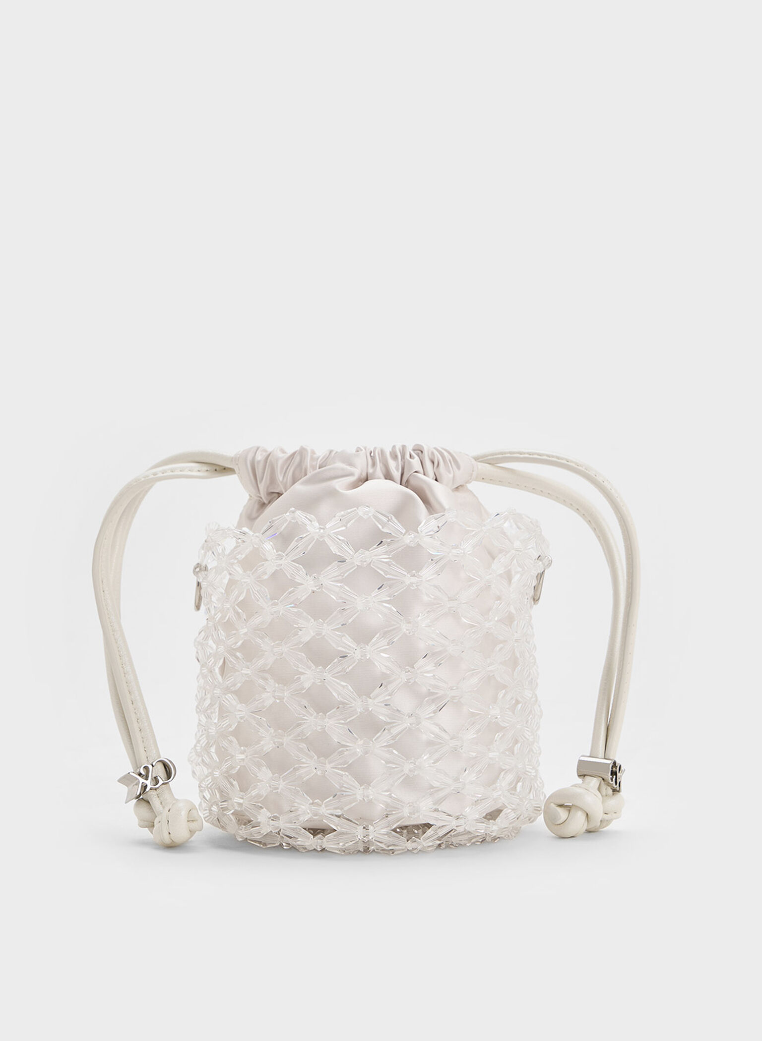 Beaded Chain-Handle Bucket Bag, White, hi-res