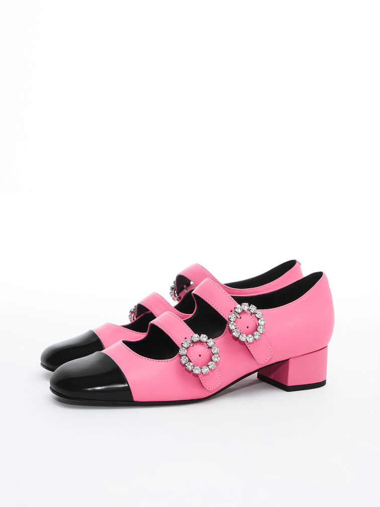 Leather Double-Buckle Crystal-Embellished Mary Janes, Pink, hi-res