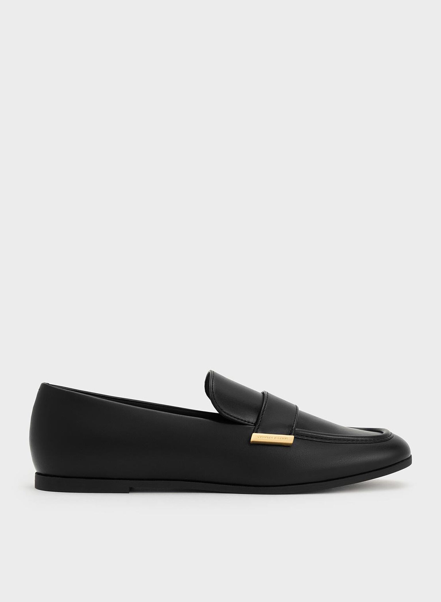 Almond-Toe Flat Loafers, Black, hi-res