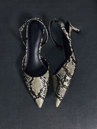 Snake-Print Pointed-Toe Slingback Kitten Heels, Animal Print Natural, hi-res