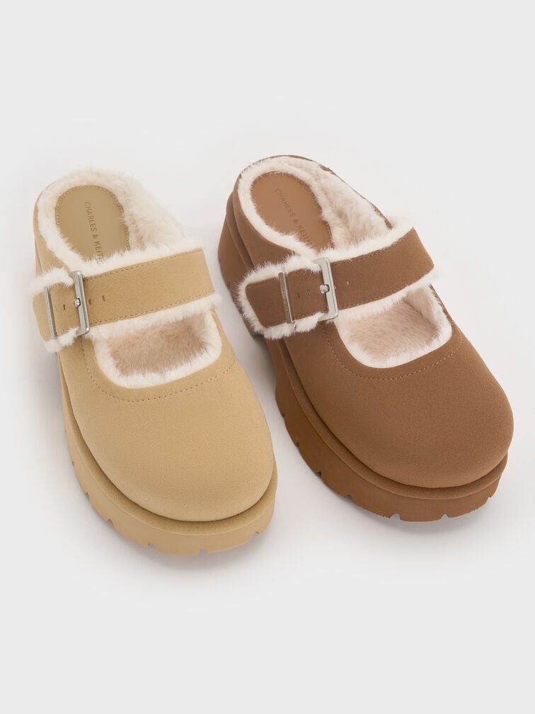 Bergen Textured Fur-Trim Buckled Platform Mules, Brown, hi-res
