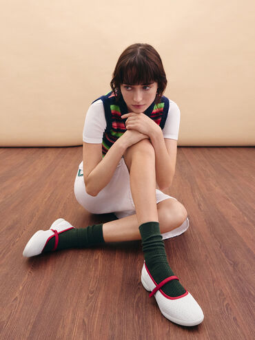 Mesh Contrast-Trim Mary Jane Sneakers, Red, hi-res