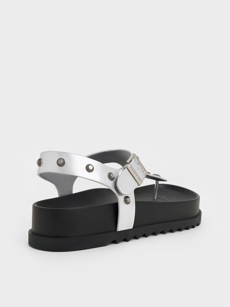 Metallic Studded Heart-Embellished Thong Sandals, Silver, hi-res
