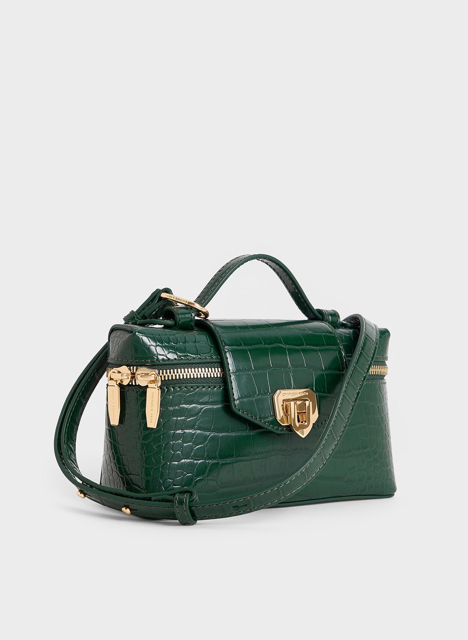 Arwen Croc-Effect Top Handle Vanity Bag, Dark Green, hi-res