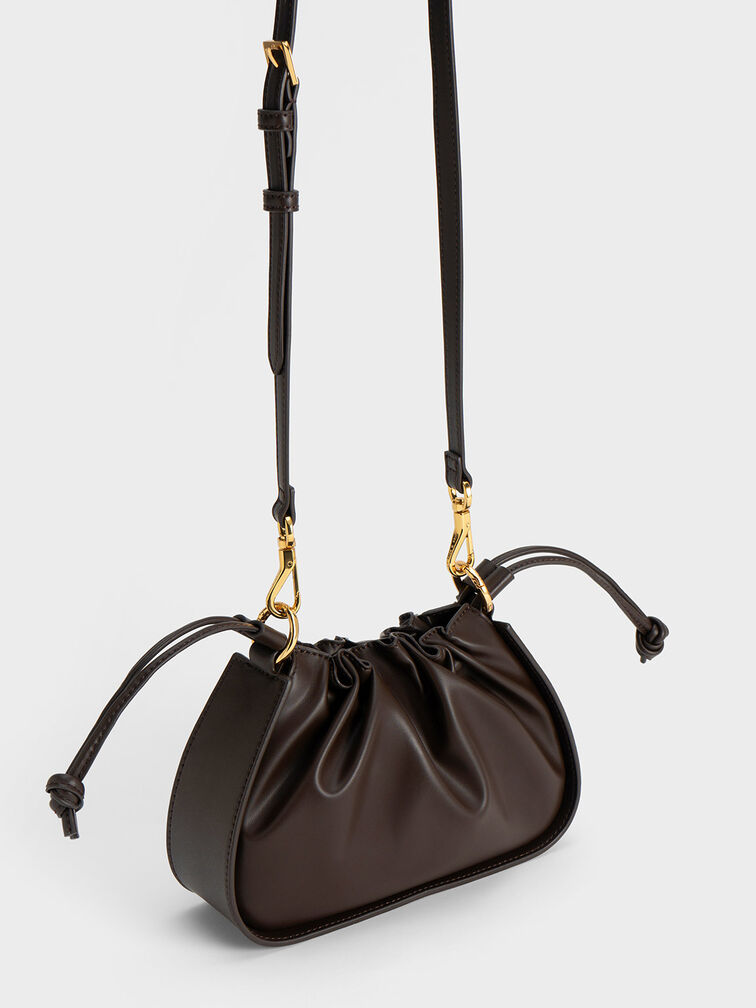 Ruched Chain Handle Drawstring Bag, Dark Brown, hi-res