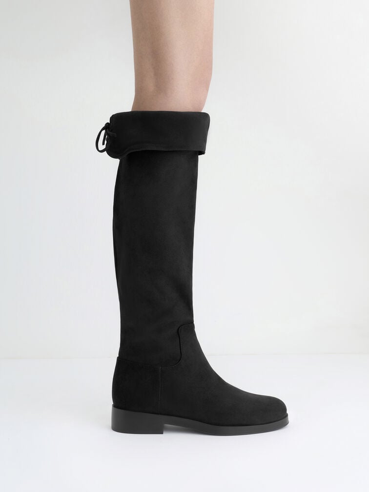 Faux Suede Fold-Over Back-Tie Thigh-High Boots, Black Textured, hi-res