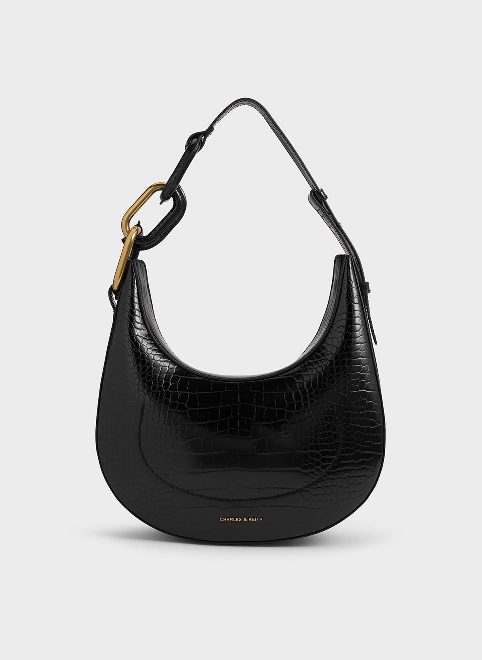 Kora Croc-Effect Metallic-Accent Moon Bag, Black, hi-res