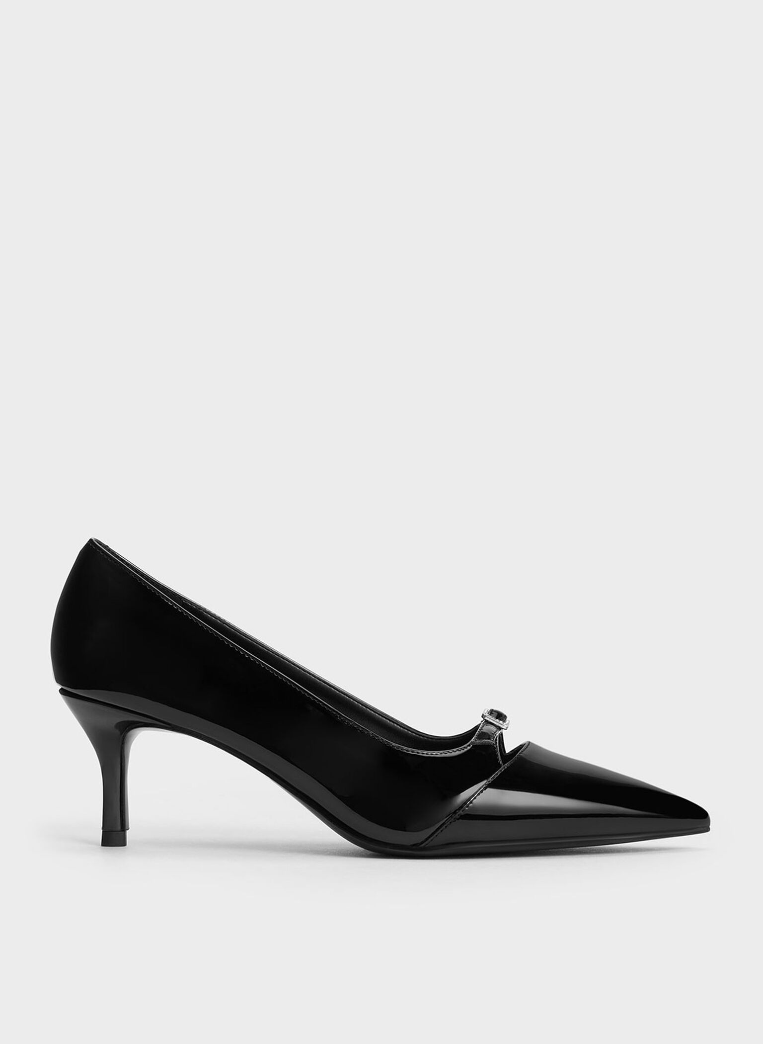 Patent Buckle-Strap Pointed-Toe Pumps, Black Patent, hi-res