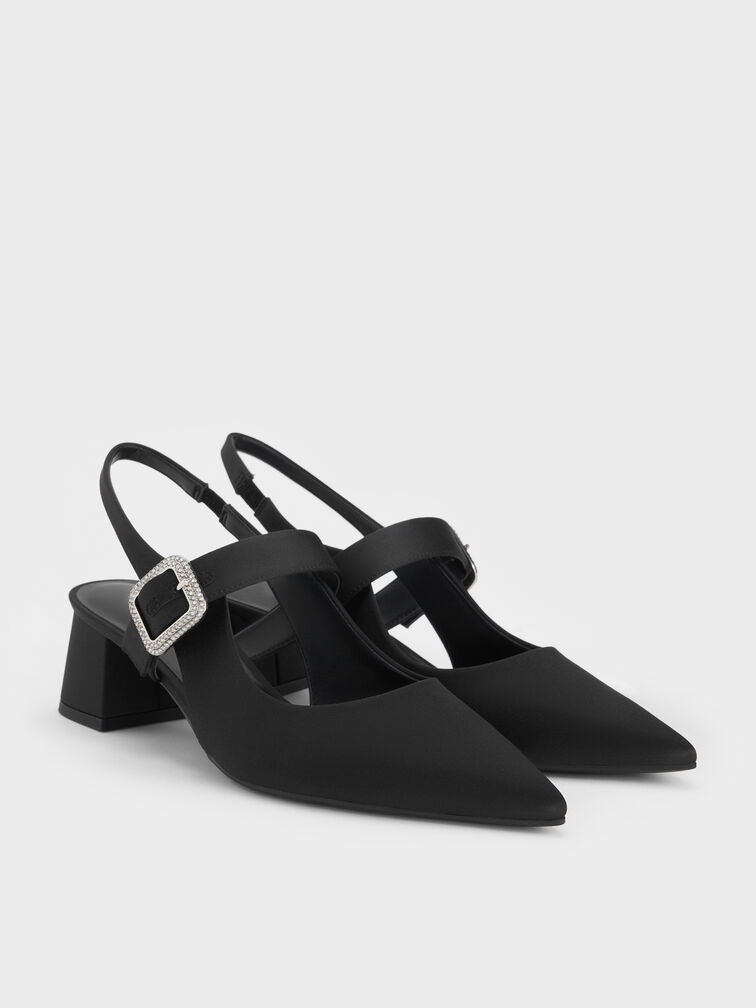 Satin Crystal-Buckle Block-Heel Slingback Pumps, Black Textured, hi-res