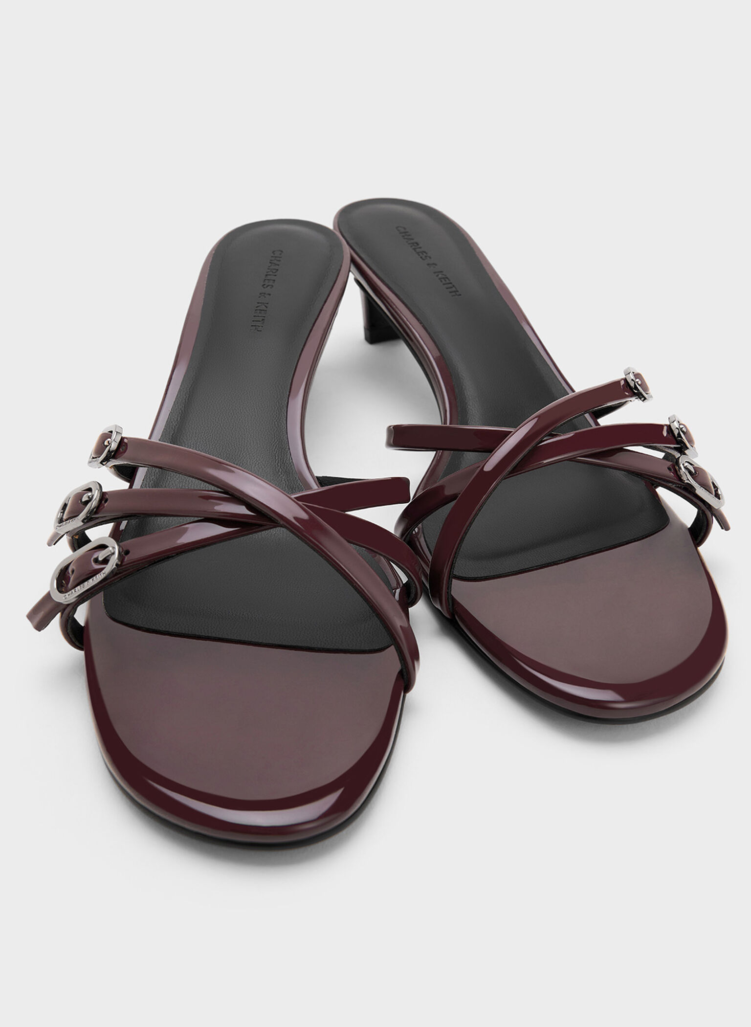 Patent Buckled Strappy Kitten-Heel Mules, Burgundy, hi-res