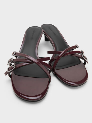 Patent Buckled Strappy Kitten-Heel Mules, Burgundy, hi-res