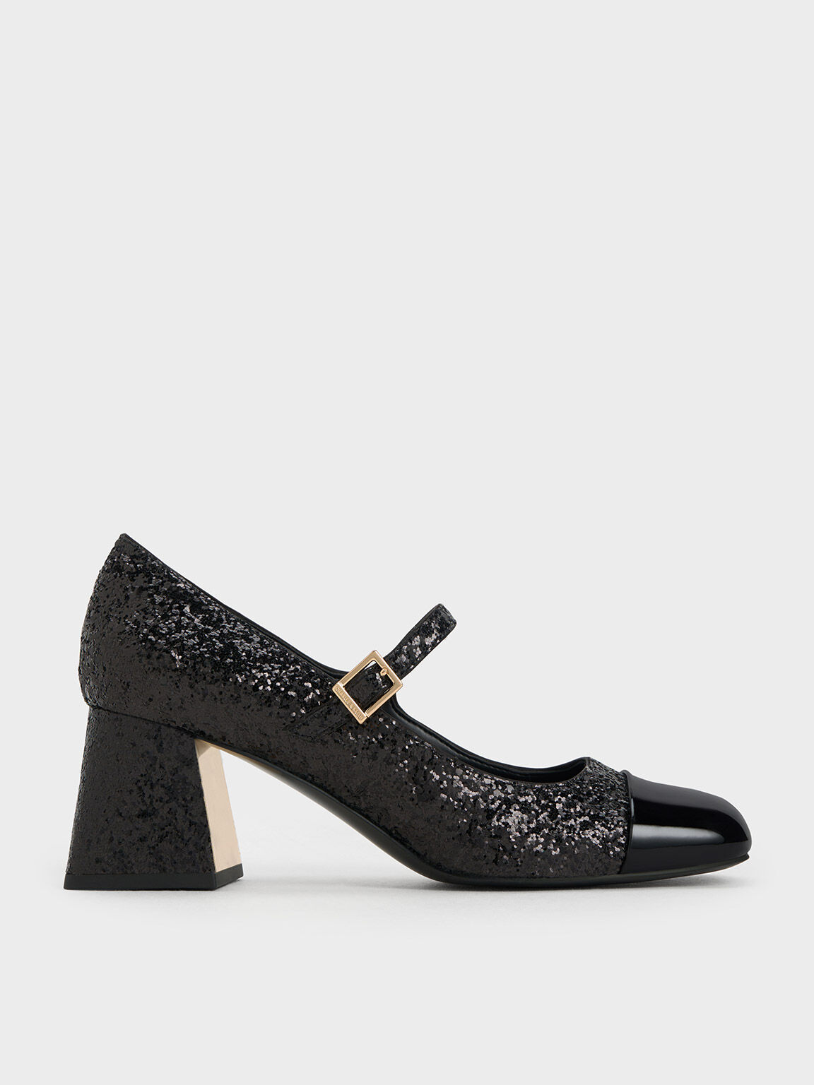 Patent Glittered Trapeze Heel Mary Janes Black Textured