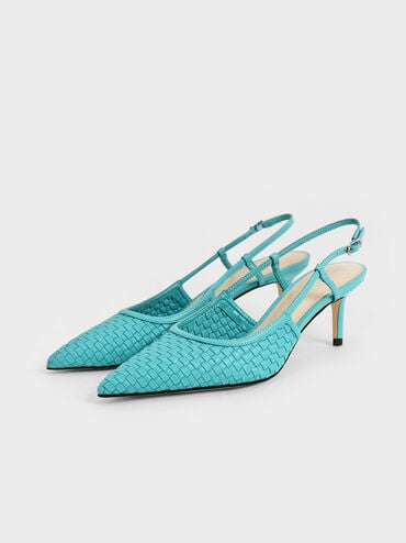 Woven Slingback Pumps, Turquoise, hi-res