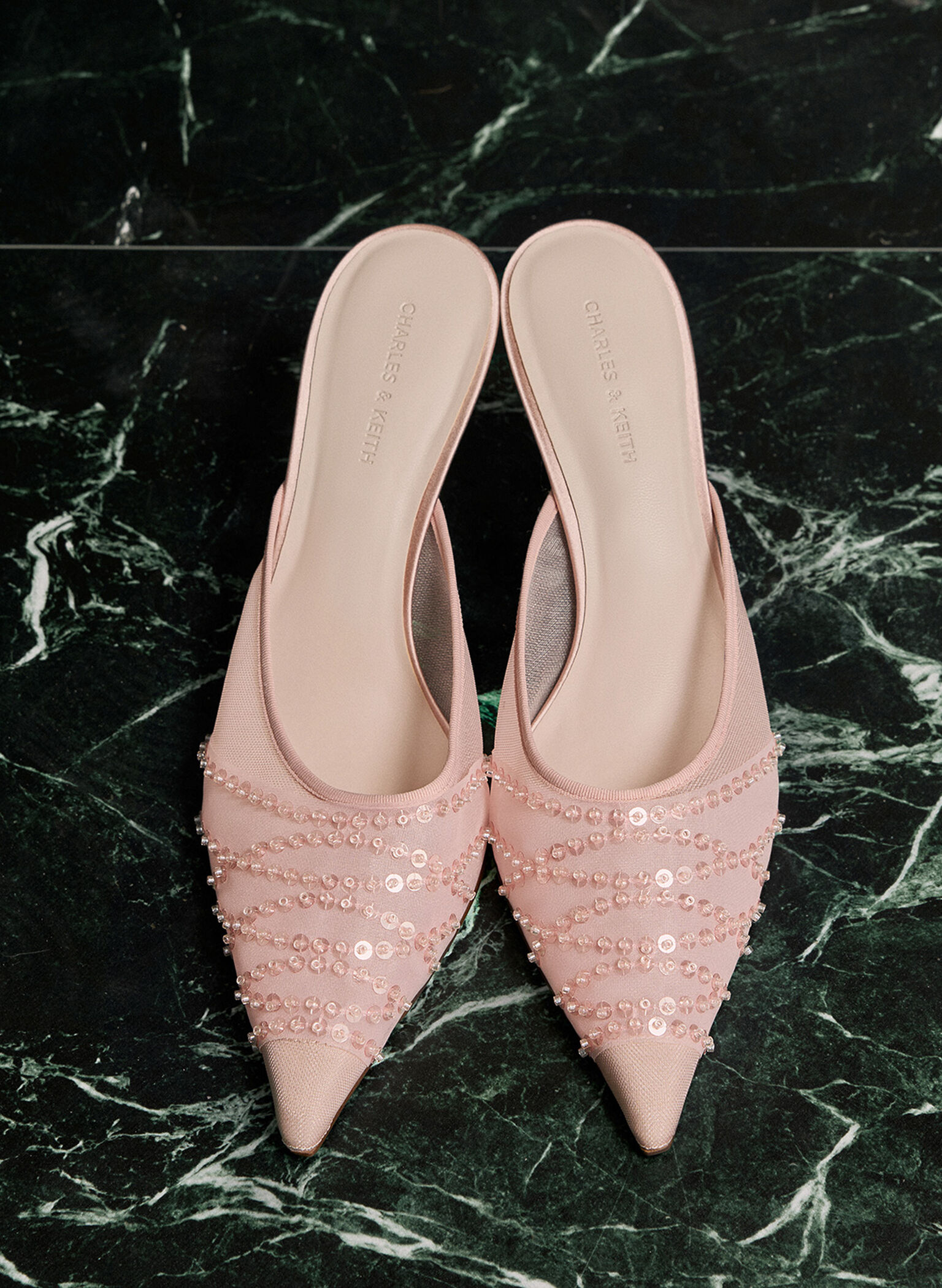 Mesh Sequinned Heeled Mules, Nude, hi-res
