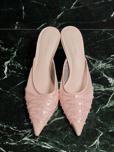 Mesh Sequinned Heeled Mules, Nude, hi-res