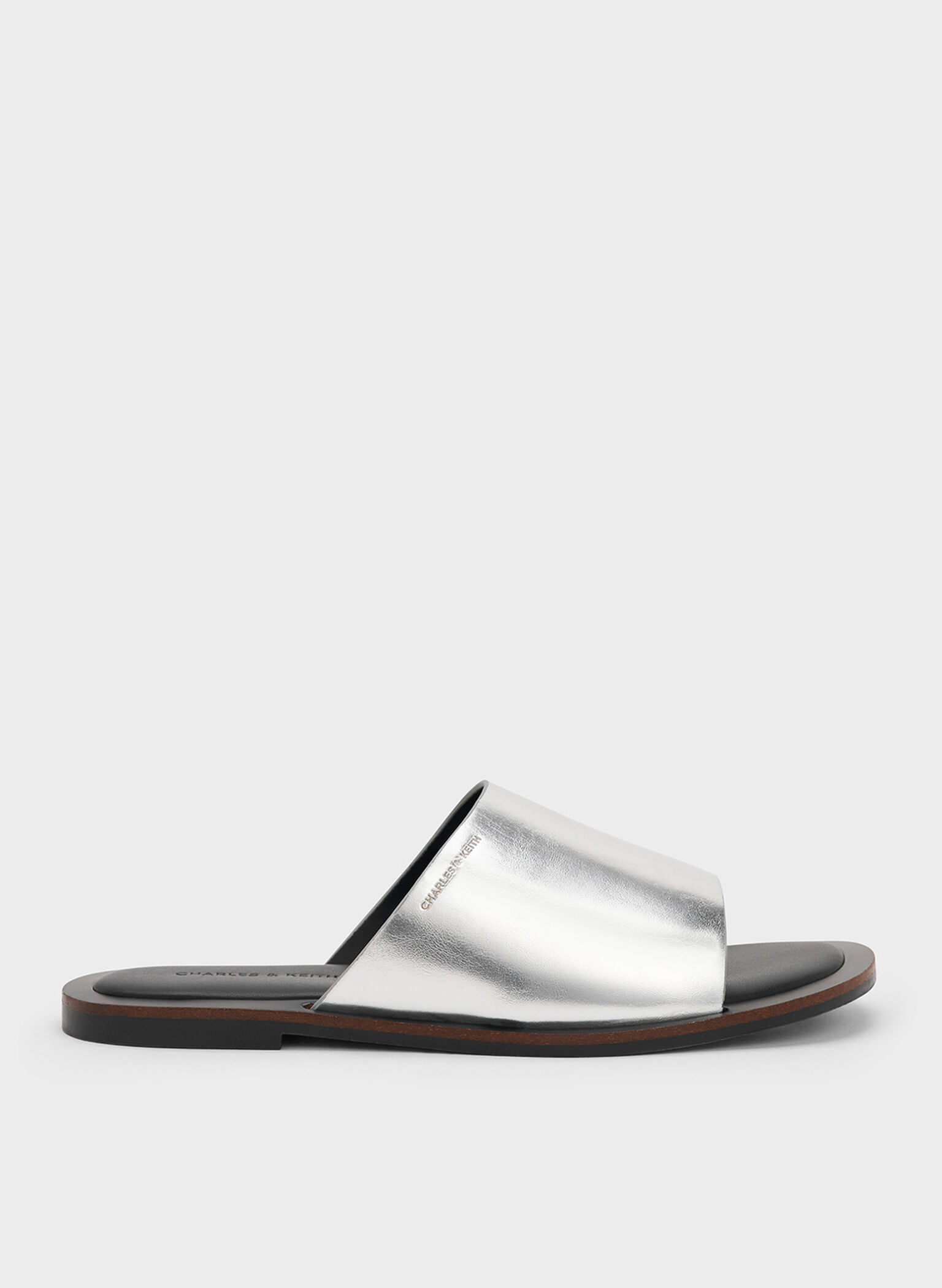 Metallic Wide-Strap Slide Sandals, Silver, hi-res
