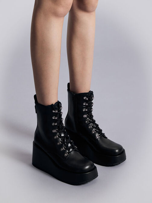 Lace-Up Platform Wedge Ankle Boots, Black, hi-res