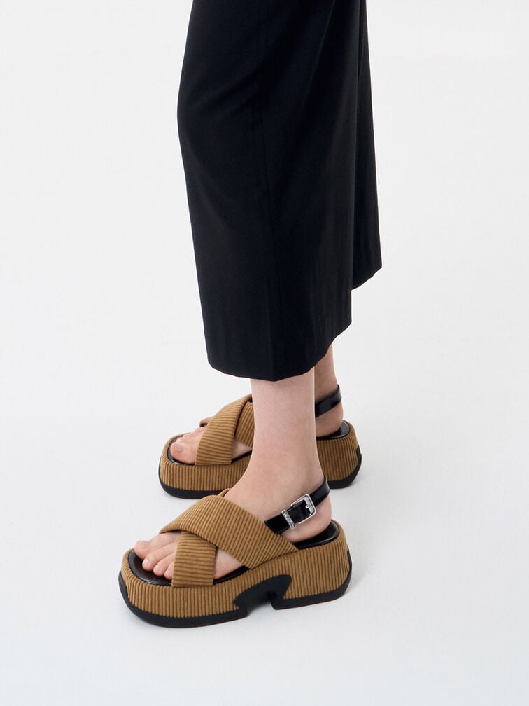 Caria Leather & Corduroy Platform Sandals, Camel, hi-res