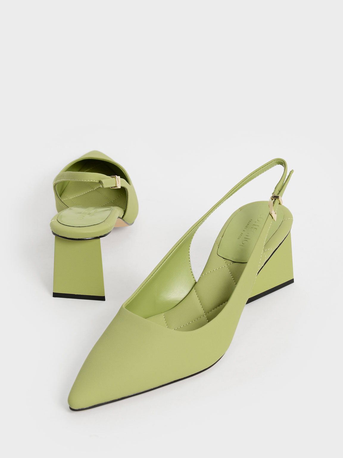 Leather Pointed Toe Slingback Pumps, Green, hi-res