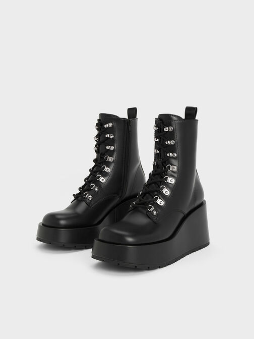 Lace-Up Platform Wedge Ankle Boots, Black, hi-res