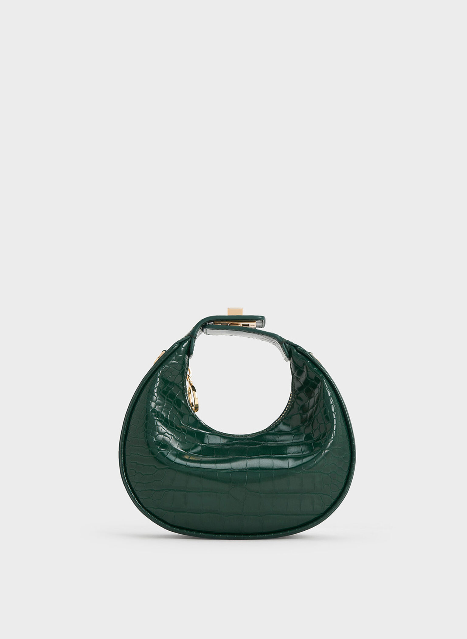 Mini Croc-Effect Moon Bag, Dark Green, hi-res