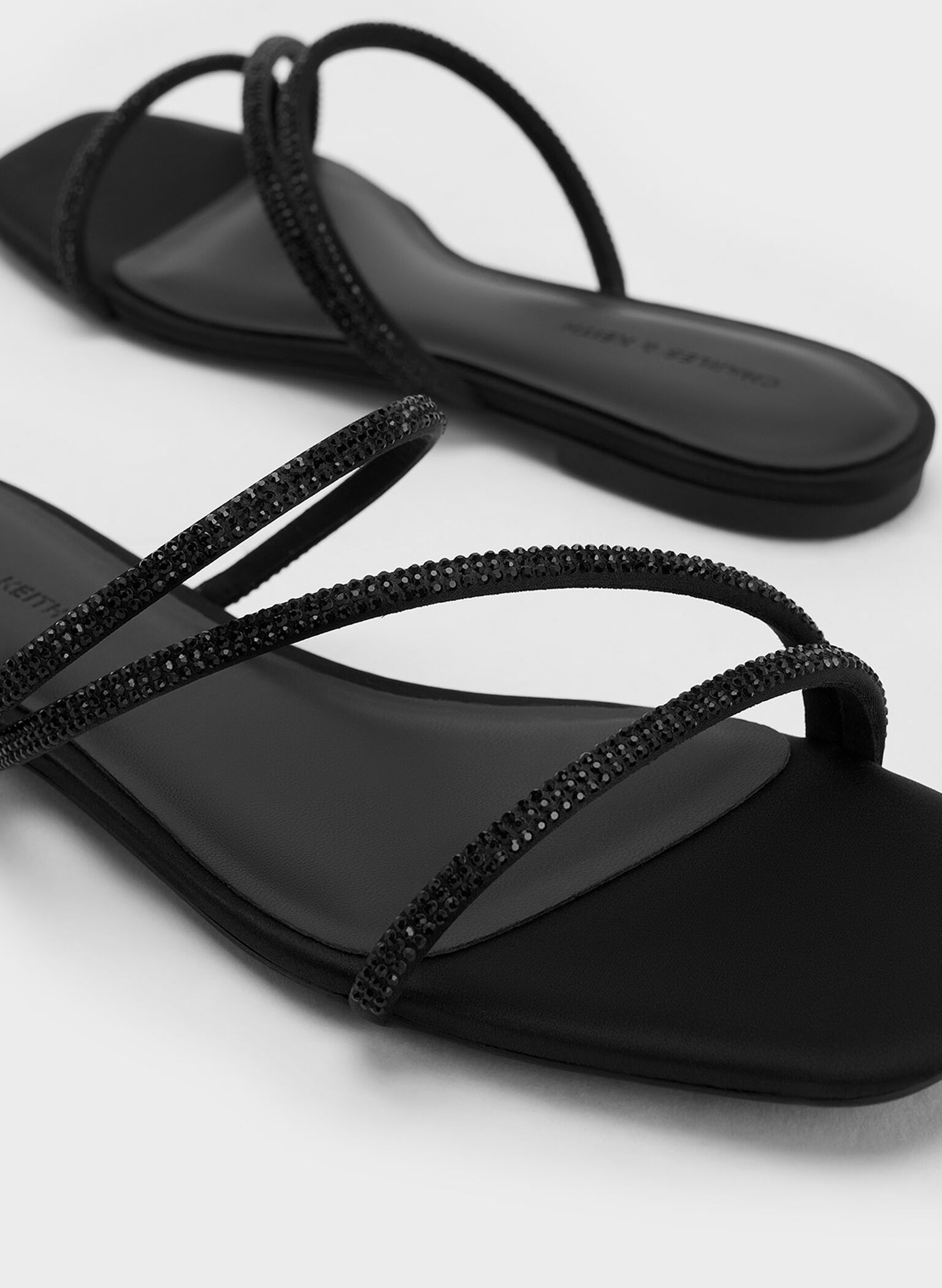 Satin Crystal-Embellished Strappy Sandals, Black Textured, hi-res