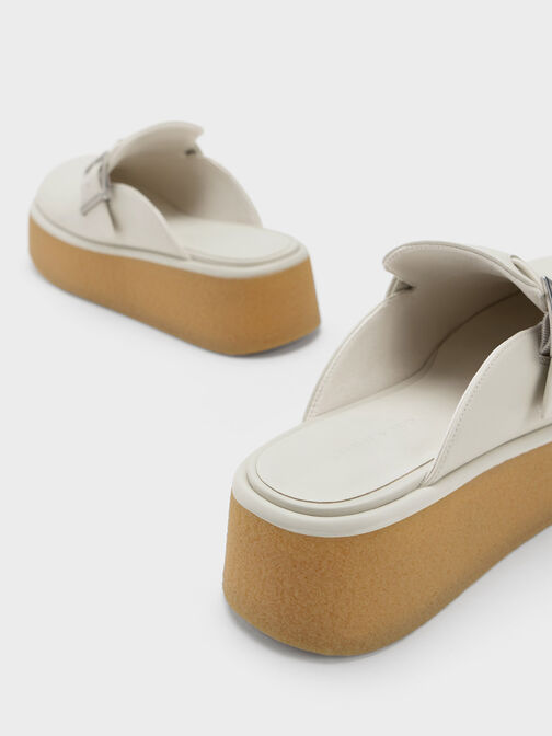 Textured Buckled Flatform Mules, Cream, hi-res