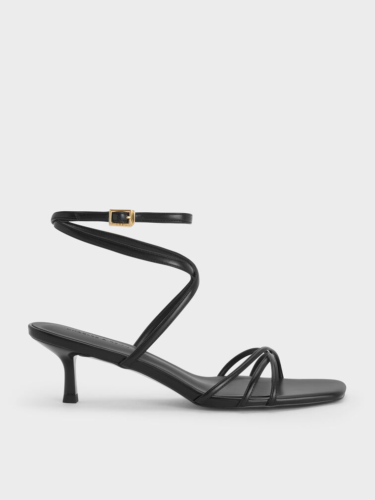 Strappy Square-Toe Kitten-Heel Sandals, Black, hi-res