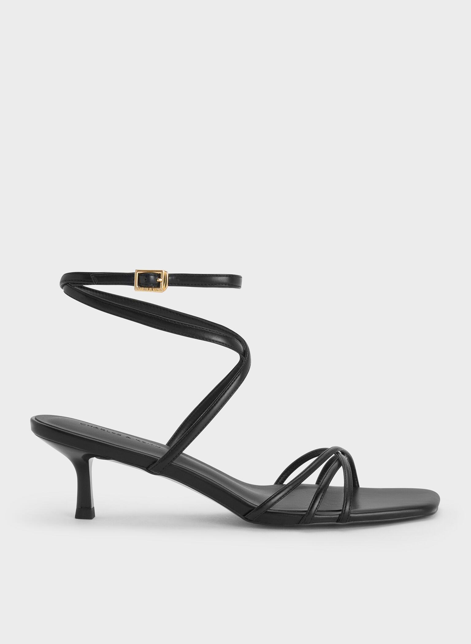 Strappy Square-Toe Kitten-Heel Sandals, Black, hi-res